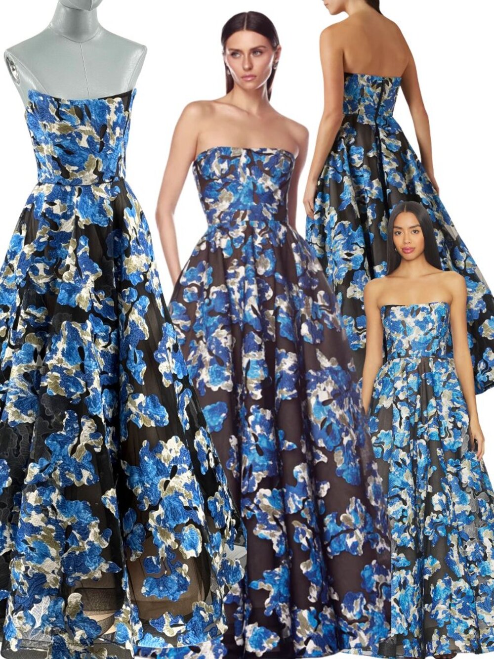 🆕 BRONX & BANCO 🧿 NWOT Cassandra Black & Blue Floral Strapless Gown Sz XS US 2